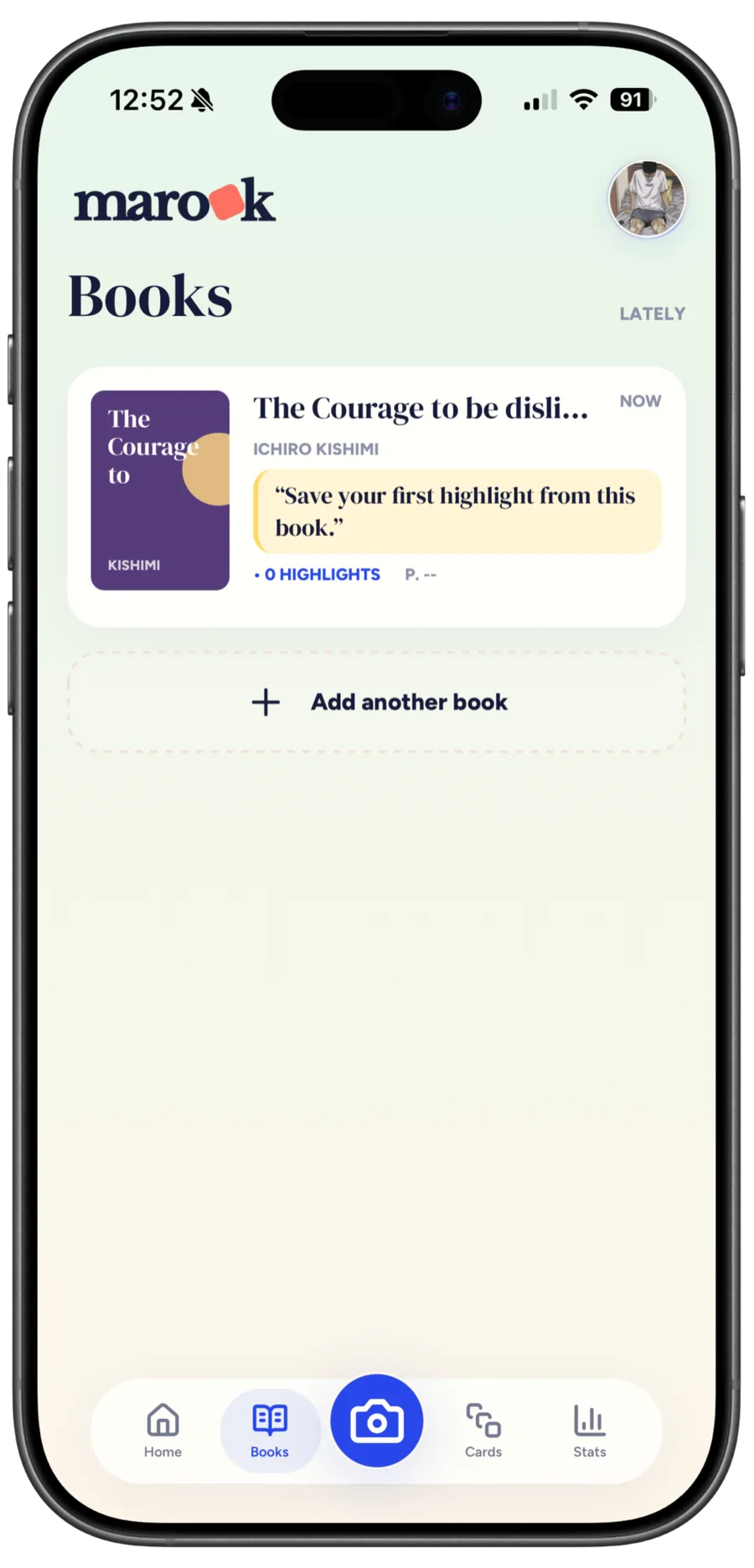 Marook books screen listing a book with its highlights