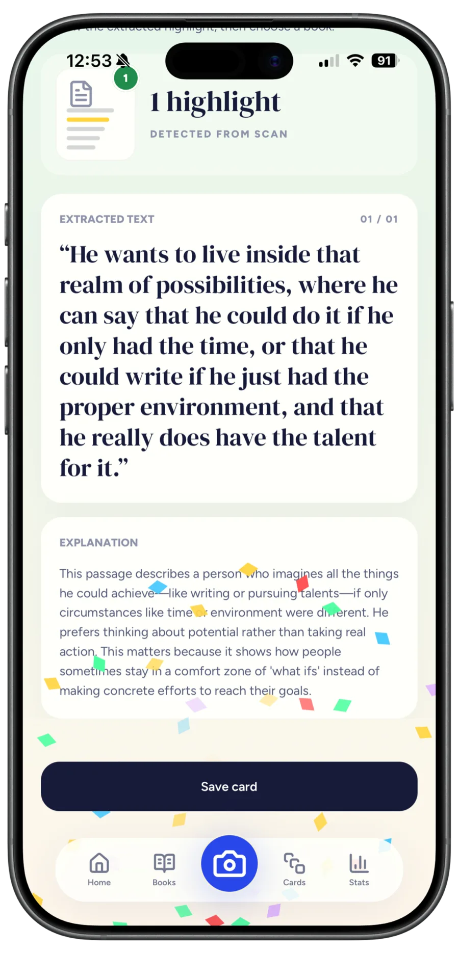 Extracted highlight with its AI explanation and a Save card button